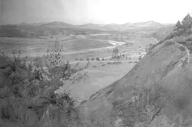 Mission Valley from Mission Cliff Gardens by George Pearce. A 1922 view of an alfalfa field, a graded road that is today’s Texas Street, and views of the San Diego River, all of it nestled before Cowles Mountain.