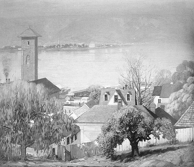 Morning on the Bay by Alfred Mitchell.  It’s a wonderful view from Seventh Street between Cedar and Date, past the spire of St. Joseph’s Church, toward North Island and what appears to be a smog-trapped Point Loma.