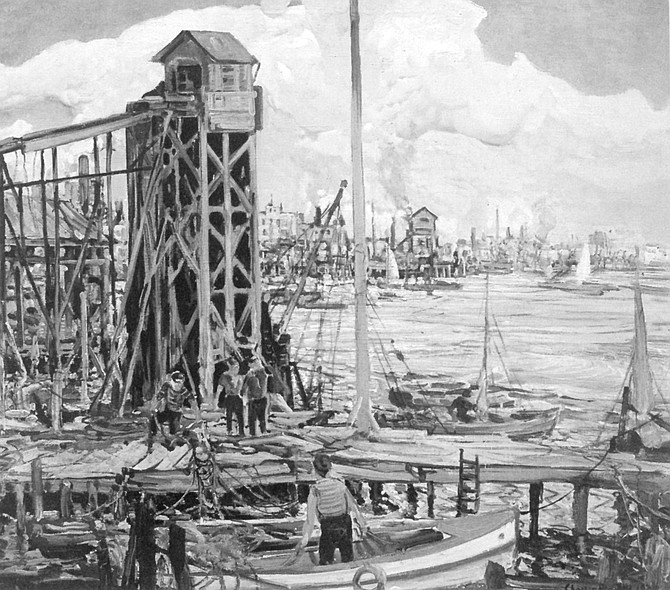 San Diego Waterfront by Charles Reiffel. The harbor, teeming with activity, ropelines, docks, ladders, piers, masts, the smoke of fires.