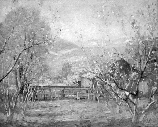 Springtime in the Orchard by Alfred Mitchell, an impasto-rich impression of a cozy Lakeside farm in bloom. 