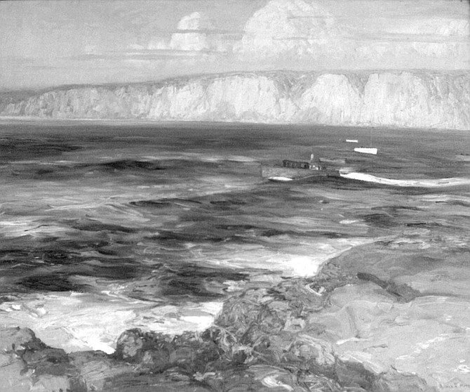 Summer Sea by Alfred Mitchell, a dramatic view of the white cliffs above Black’s Beach seen from La Jolla Cove.