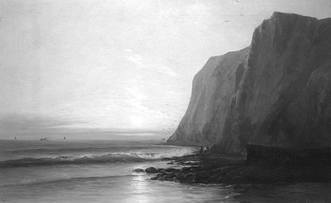 Sunset Near La Jolla by F.L. Heath shows Black’s Beach and a grand romantic beyond, a come-to-Jesus sunset, washed in carmines.