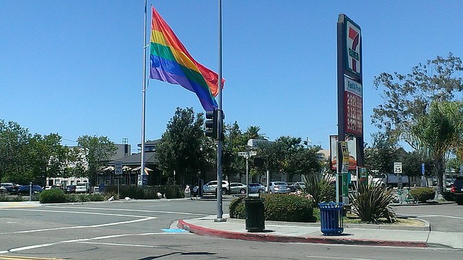 The Pride flag in Hillcrest on July 18 was flying half-staff in honor of Orlando.
