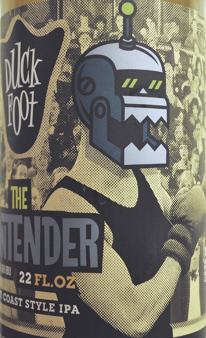 A cartoon robot head on a vintage boxer photo helps Duck Foot's IPA stand out on store shelves.