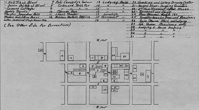 Map of Chinese quarter, 1912.  Sharing the neighborhood with Seven Buckets of Blood and the Old Tub of Blood were the fan-tan (a counting game played with beans or coins and a bamboo stick) and lottery houses run by Chinese. 