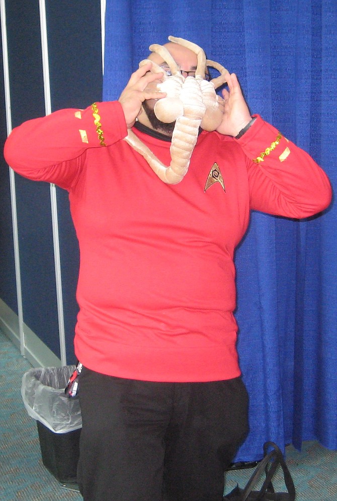 alien facehugger attacking Star Trek cosplayer