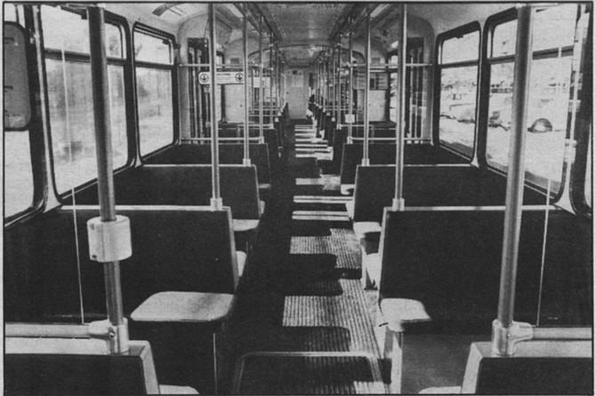Inside trolley car. "In order to get the ridership on the trolley, they forced Greyhound out and cut bus service."