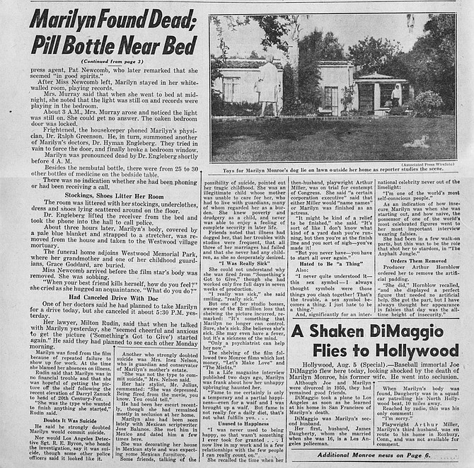 Learn how Marilyn's three exes (James Daugherty, Joe DiMaggio, and Arthur Miller) reacted to the news of her death. New York Daily News, August 6, 1962.