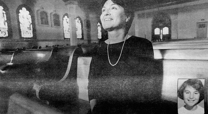 Mary Padilla at Our Lady of Angels Church; inset, Padilla in 1955 - Image by Sandy Huffaker, Jr.