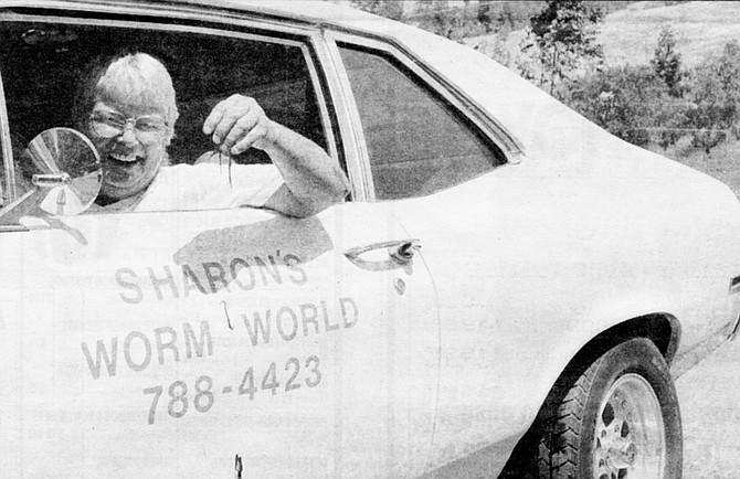 Sharon McClachlan delivers worms to nurseries in a 1970 Chevy Nova that says “WORM WOMAN” on the trunk.