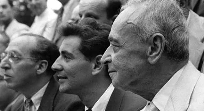 Leonard Bernstein, center; Serge Koussevitzky, foreground; Aaron Copland, background.