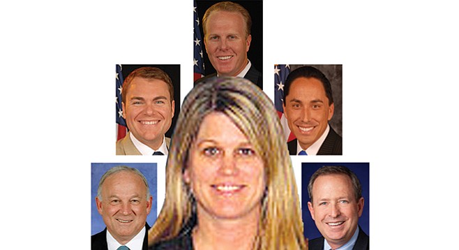 Jaymie Bradford and her stepping stones to the chamber of commerce (clockwise from top): Kevin Faulconer, Todd Gloria, James Madaffer, Jerry Sanders, Carl DeMaio