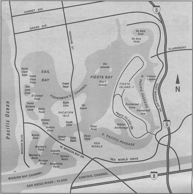Map of Mission Bay. Virtually all of the sand and silt dredged from Mission Bay was redistributed elsewhere within the bay. Earnest says the only sand that was piped out of the park was dumped on Mission Beach.