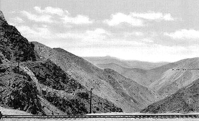 Postcard of Carrizo Gorge, San Diego & Arizona Eastern Railroad. There was never land more ill-suited for train tracks.