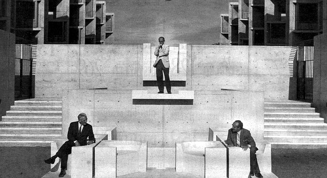 Left to right: Augustus Kinzel (institute president), Jonas Salk (founder), and Jacob Bronowski at the new Salk Institute (1968). Salk was piqued by Bronowski’s wrestling with science and ethics.