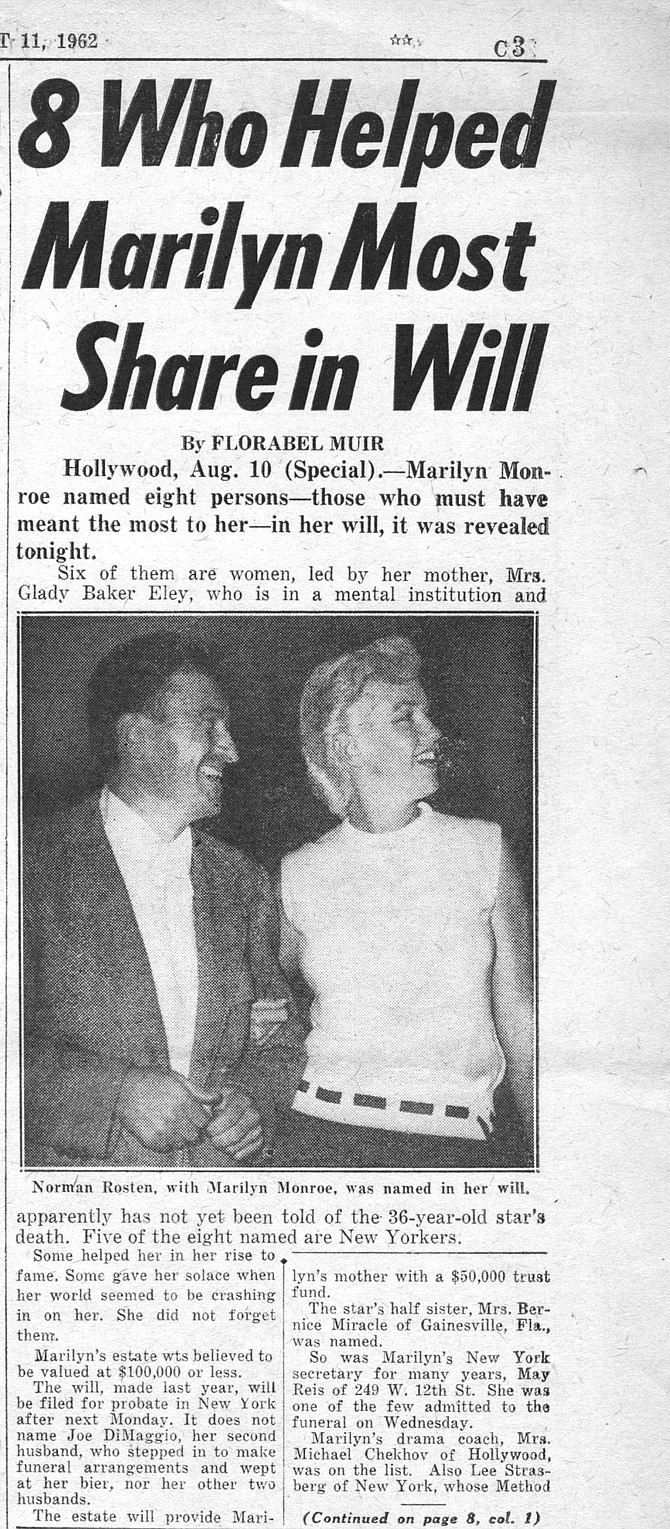 Who were the eight people named in Marilyn Monroe's will? New York Daily News, August 11, 1962.