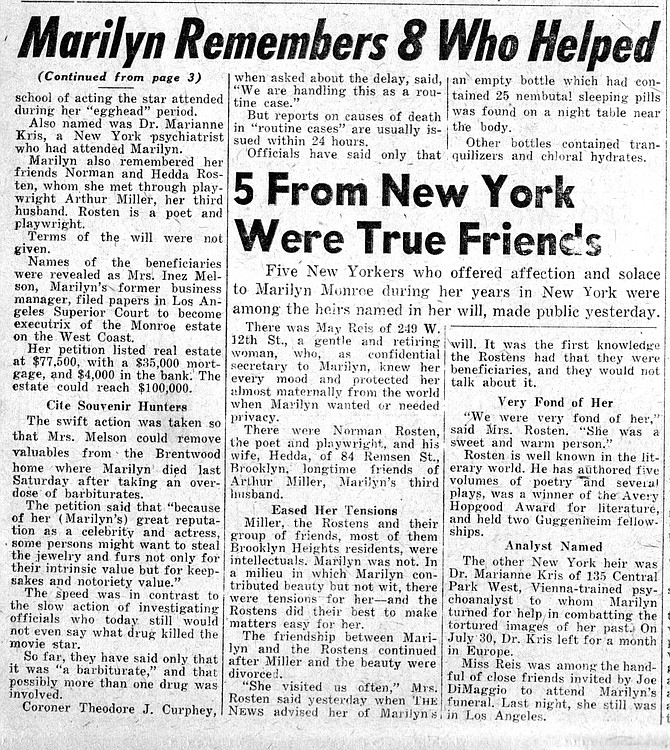 More on Marilyn's friends and beneficiaries. New York Daily News, August 11, 1962.