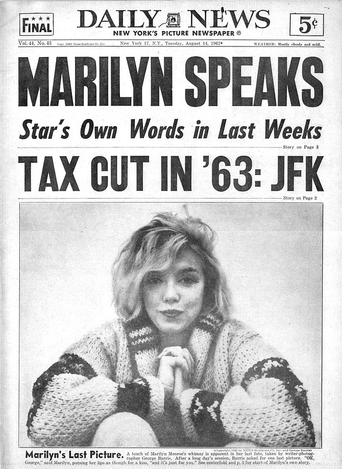Marilyn Monroe's headline-grabbing last photo, taken by George Barris. New York Daily News, August 14, 1962.