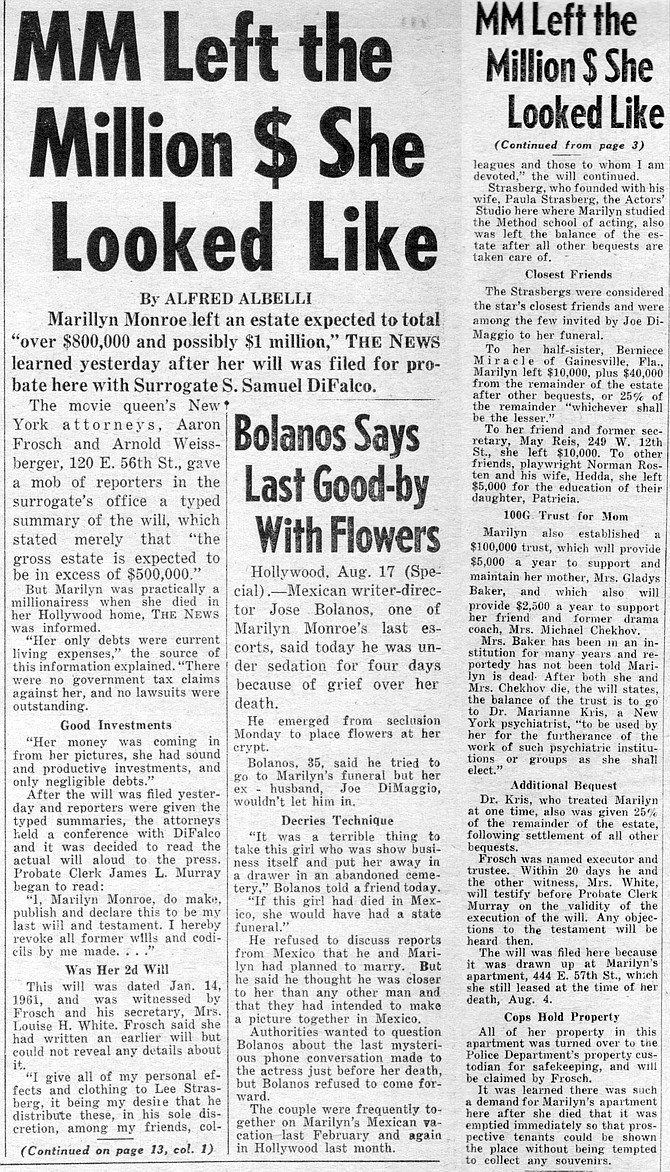 "Productive investments" and "negligible debts" brought the total worth of Marilyn Monroe's estate to almost a million dollars. New York Daily News, August 18, 1962.