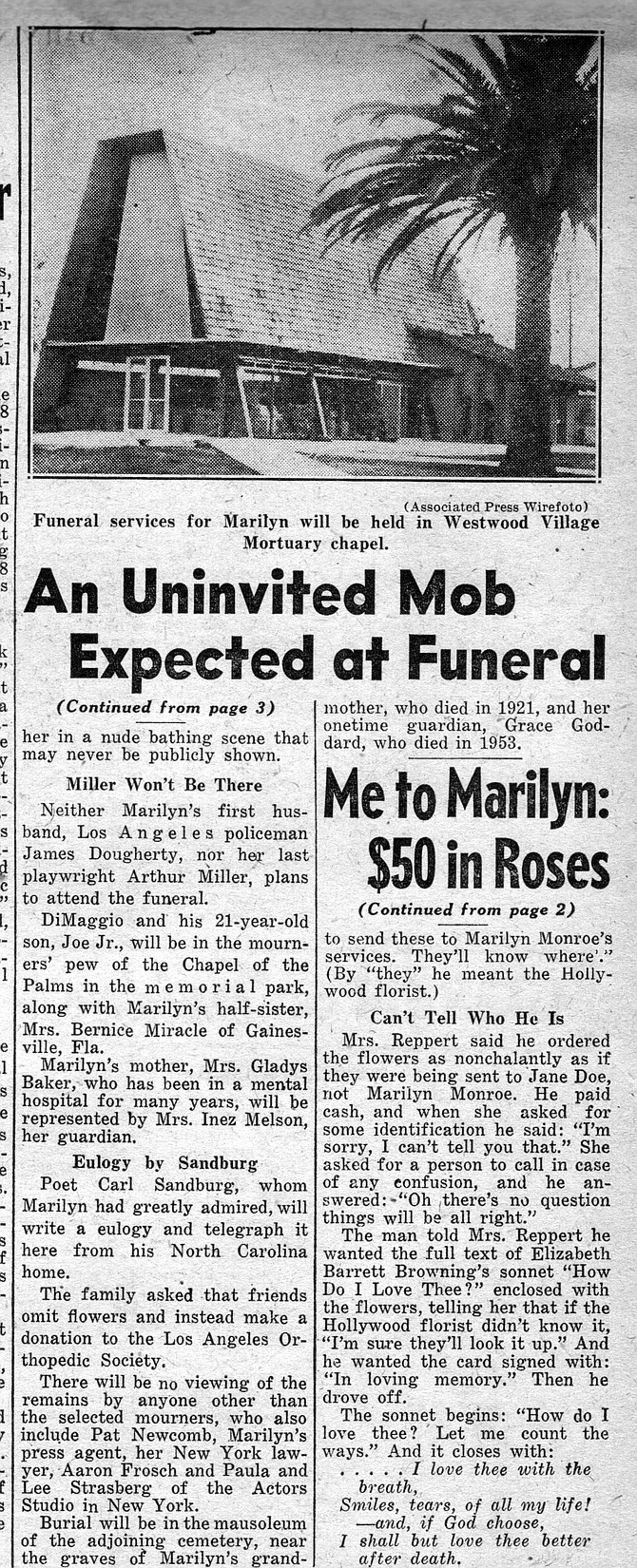 The Westwood Village Mortuary Chapel readies itself for Marilyn's sendoff. New York Daily News, August 8, 1962.