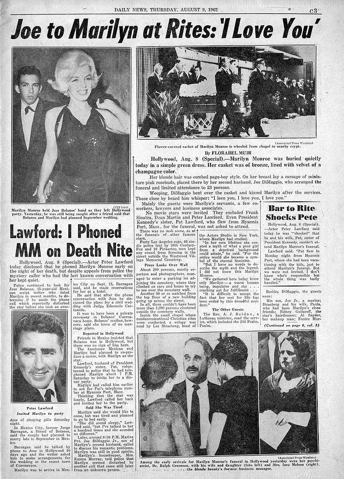 Details of Marilyn Monroe's funeral. New York Daily News, August 9, 1962.