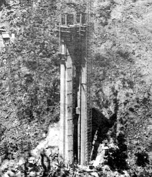 Columns rise above the creek bed (September '73). “When we first started looking at this site, we considered four configurations."