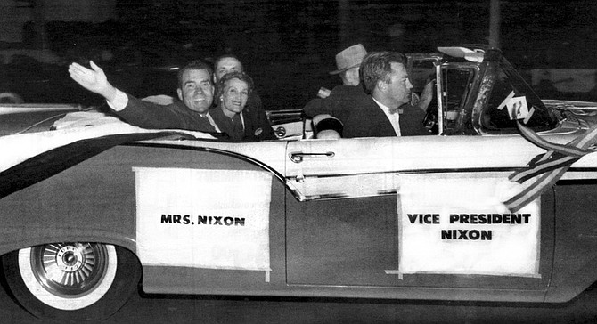 The Nixon campaign travels down Broadway in San Diego, October 1956. Copley knew Nixon even before he ran for Congress.