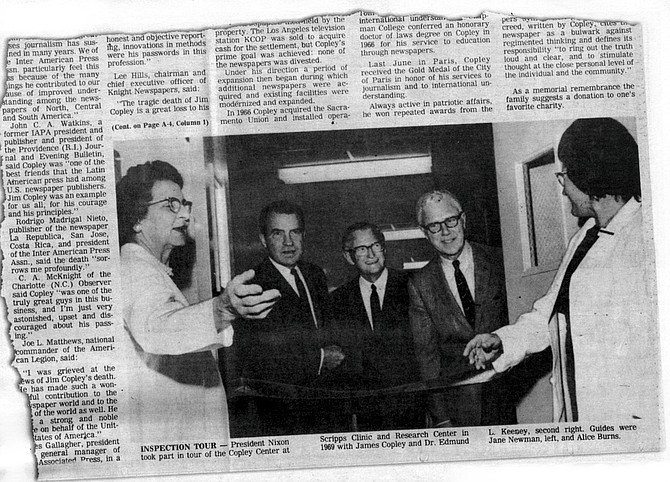 Copley postmortem coverage, San Diego Evening Tribune, October 8, 1973 Copley's widow Helen assumed complete control over the newspaper chain and announced that there would be major changes.