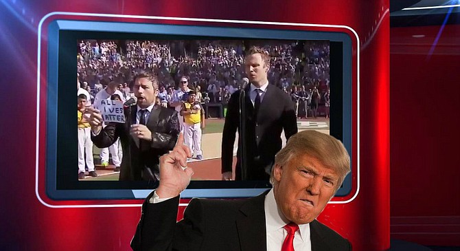 The Enemy Above: Republican presidential nominee Donald Trump gestures northward as he discusses the Canadian government’s decision to change the lyrics to its national anthem. “This is what we’re up against, America. I mean, right up against: the longest undefended border in the world, one that leaves us totally vulnerable to attacks like this one to our National Pastime. Against baseball itself! And instead of having this singing clown arrested for treason, they’ve gone and made him a national hero!”