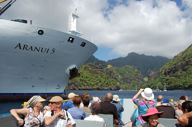 Aranui passengers prepare to make landfall at the Bay of Virgins, Fatu Hiva in the Marquesas Isles.
