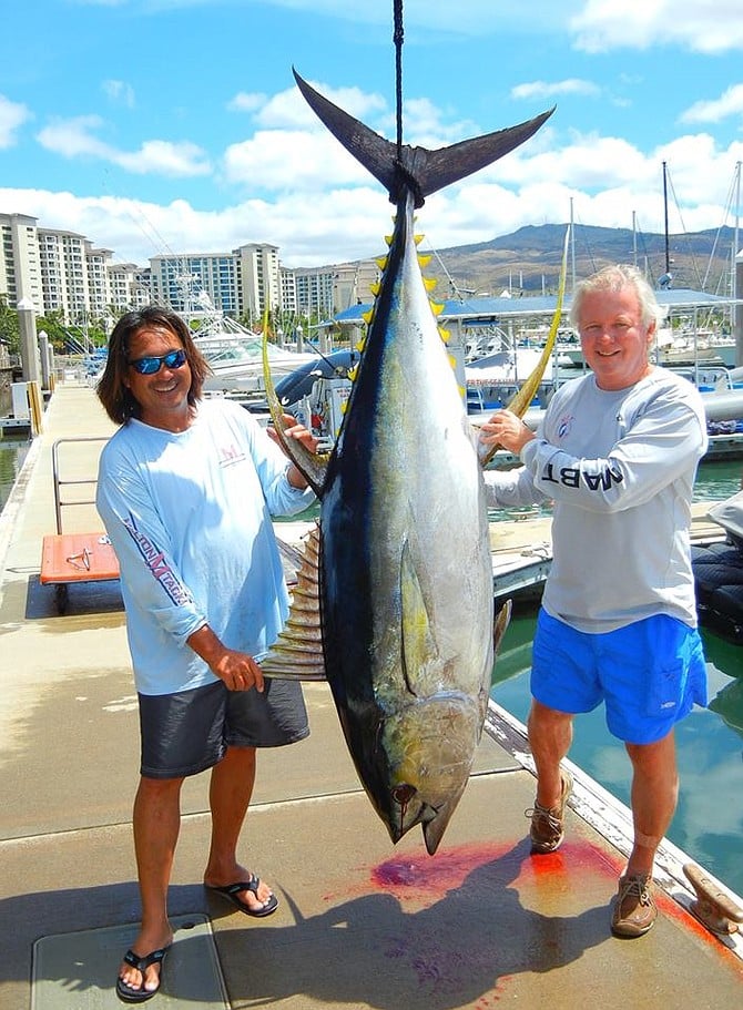 Last Thursday, my deckhand, Brian Tamada and I boated the largest Yellowfin Tuna I've ever landed in the 14 years I've owned Holopono. On a certified scale it weighed 230 lbs. Makes me wonder if I'll ever find another Ahi that could surpass this one in size? — with Michael D. McCulloch at Ko Olina Marina.