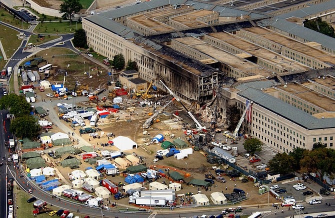 Aerial view of the terrorist attack on the Pentagon on September 11, 2001.