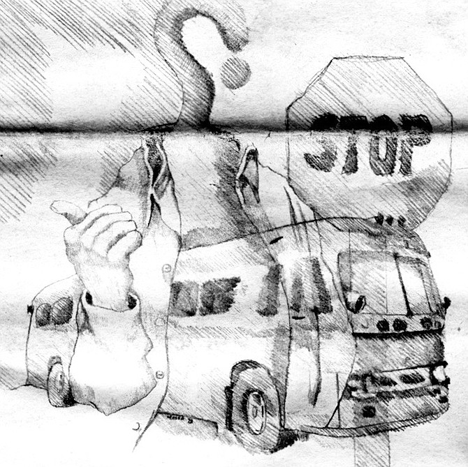 Illustration of a hitchhiker stopping a bus
