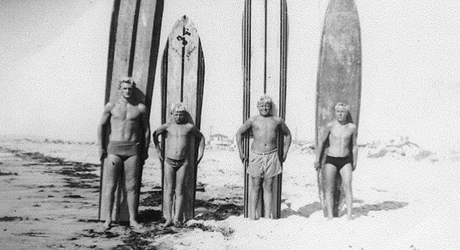 From left: John Cole, Mouse (with the shortest surfboard), Buddy Lewis, Sonny Maggiora, 1944