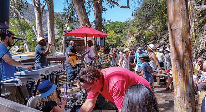 Locals and tourists cut loose to a cover band at the Sawdust Art Festival.