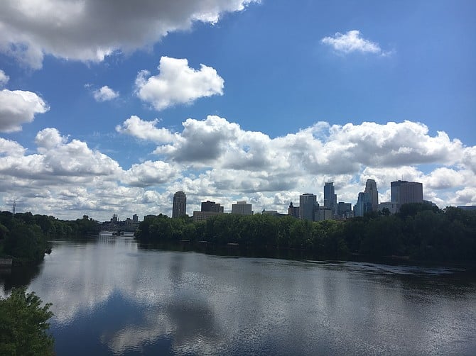 Minneapolis skyline viewed from a Mississippi River bridge. 