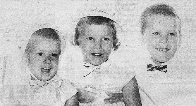 Lori, age 3; Cynthia, age 4; Mark, age 5. The three Maine children — Mark, Cindy, and Lori — grew up in Clairemont. Their father was a policeman — a motorcycle cop. 