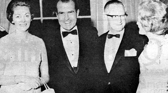 Helen Copley, Richard Nixon, James Copley, Pat Nixon. Helen and Jim hosted the candidate and his vice presidential nominee, Spiro Agnew.