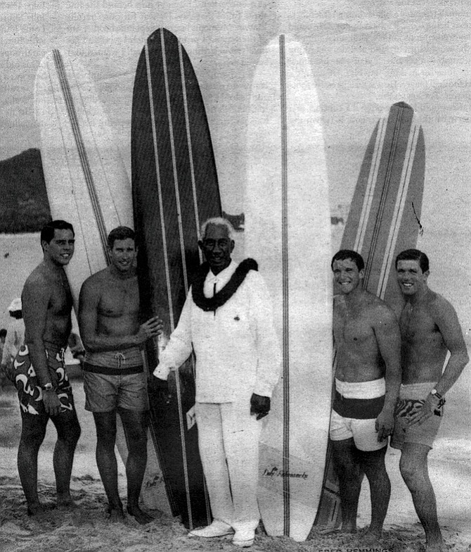 Grandfather of surfing Duke Kahanamoku and his surf team, c. mid-'60s; Van Artsdalen on far right