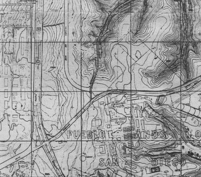 1960 topographical map used by San Diego city engineers. Note the Camp Matthews buildings at right center, the traffic island at the crossroads, and the narrow canyon road (Sorrento Road) running northeast form the center. The main road to the right is the original Miramar Road, and the road entering from the left is La Jolla Shores Drive. The north-south road is of course US 101. 