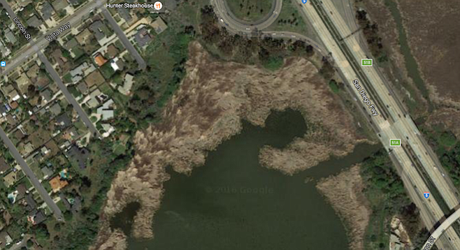 Oceanside's old Buena Vista Cemetery was right next to Buena Vista Lagoon (bottom)...and Hunter Steakhouse
