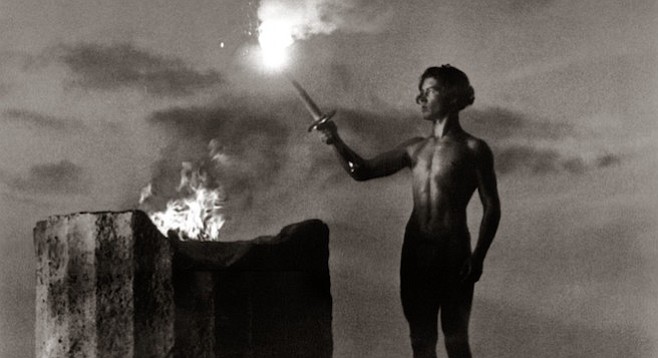 The lighting of the Olympic Flame, Berlin, 1936, as seen in Leni Riefenstahl’s propaganda doc, Olympia.