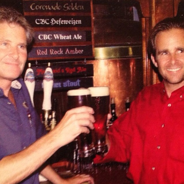 An early photo of Ron and Rick Chapman celebrating the second anniversary of their business, Coronado Brewing Company.