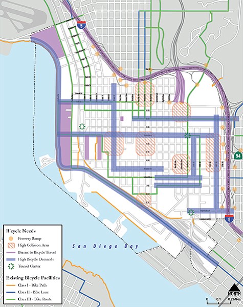 “Bicycle needs” in Downtown San Diego Mobility Plan — the thick blue lines indicate “high bicycle demands.”