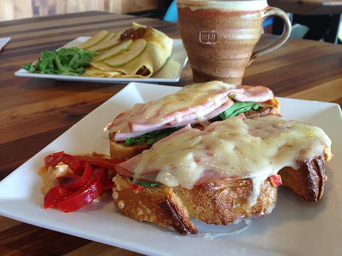 Bread & Cie sourdough topped with ham, red-pepper hummus, spinach, and Gruyère