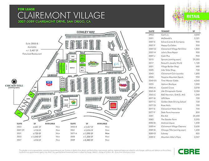 Map of Clairemont Village showing spaces available to rent in green, though likely not for long.