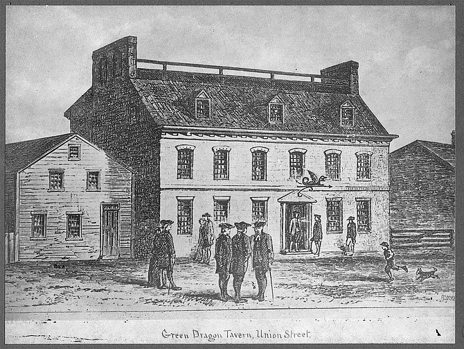 Sketch of the original Green Dragon Tavern in Boston