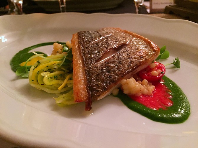 Striped sea bass with tomato and basil sauces, plus Israeli couscous