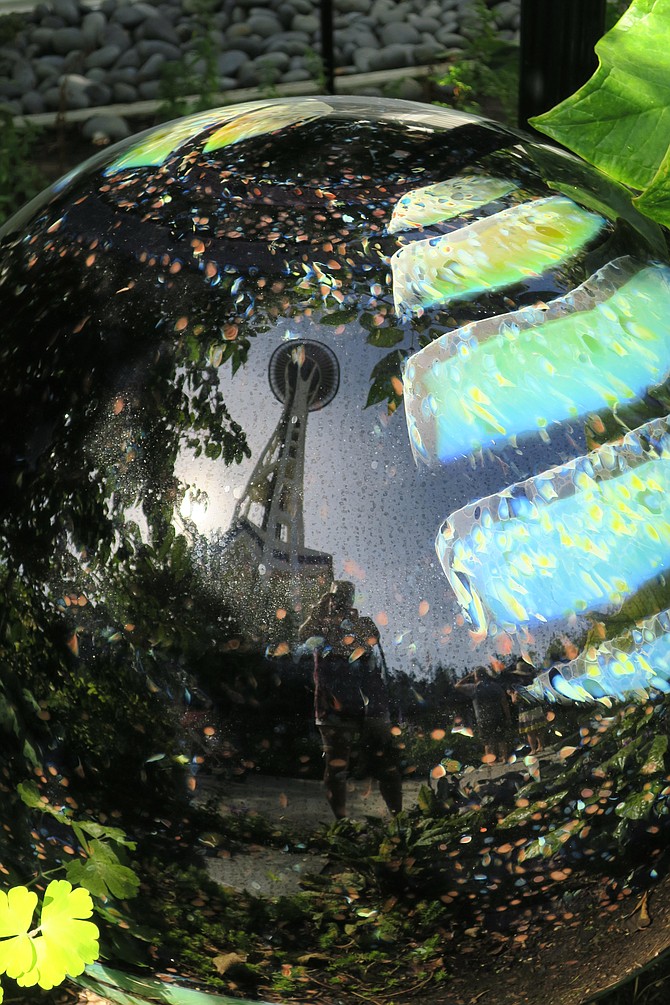 The view of the space needle from a Glass Ball in the Chihuly gardens