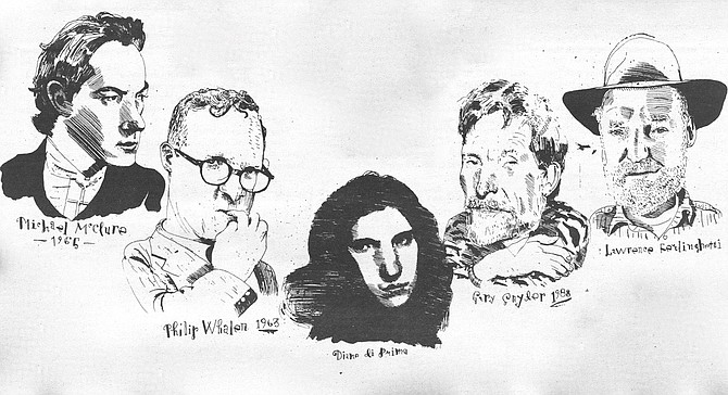 Illustration of Michael McClure, Philip Whalen, Diane DiPrima, Gary Snyder, and Lawrence Ferlinghetti